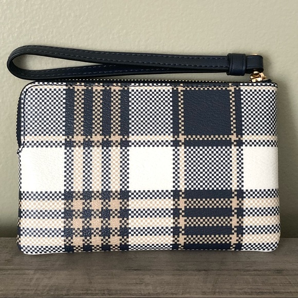 COACH Corner Zip Wristlet in Navy Garden Plaid Print - Picture 3 of 7